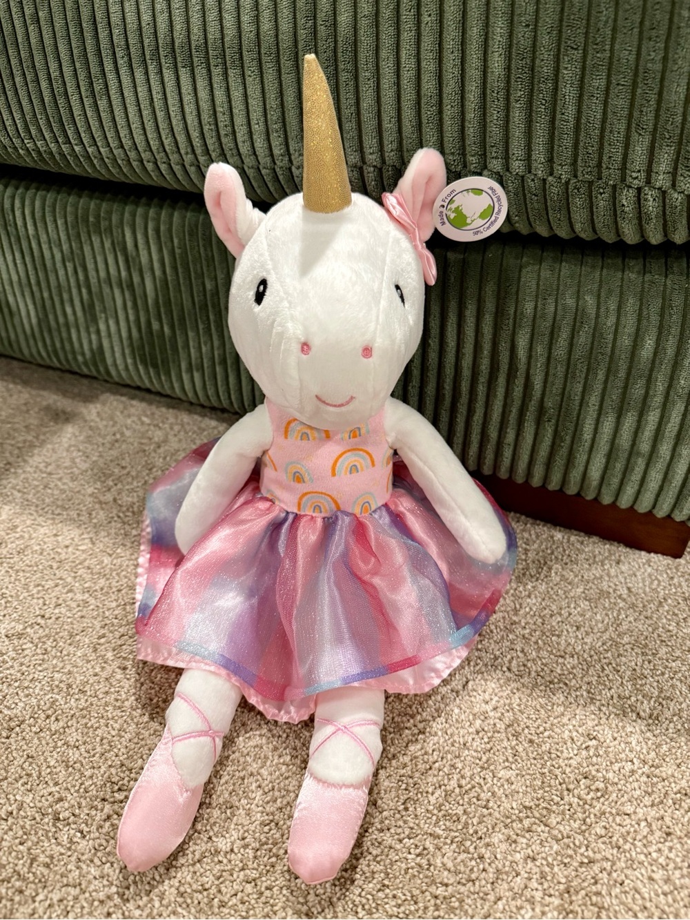 Plush Rattle Pink Unicorn Doll with Rainbow Dress